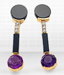 Pendientes de oro, brillantes, onice y amatista